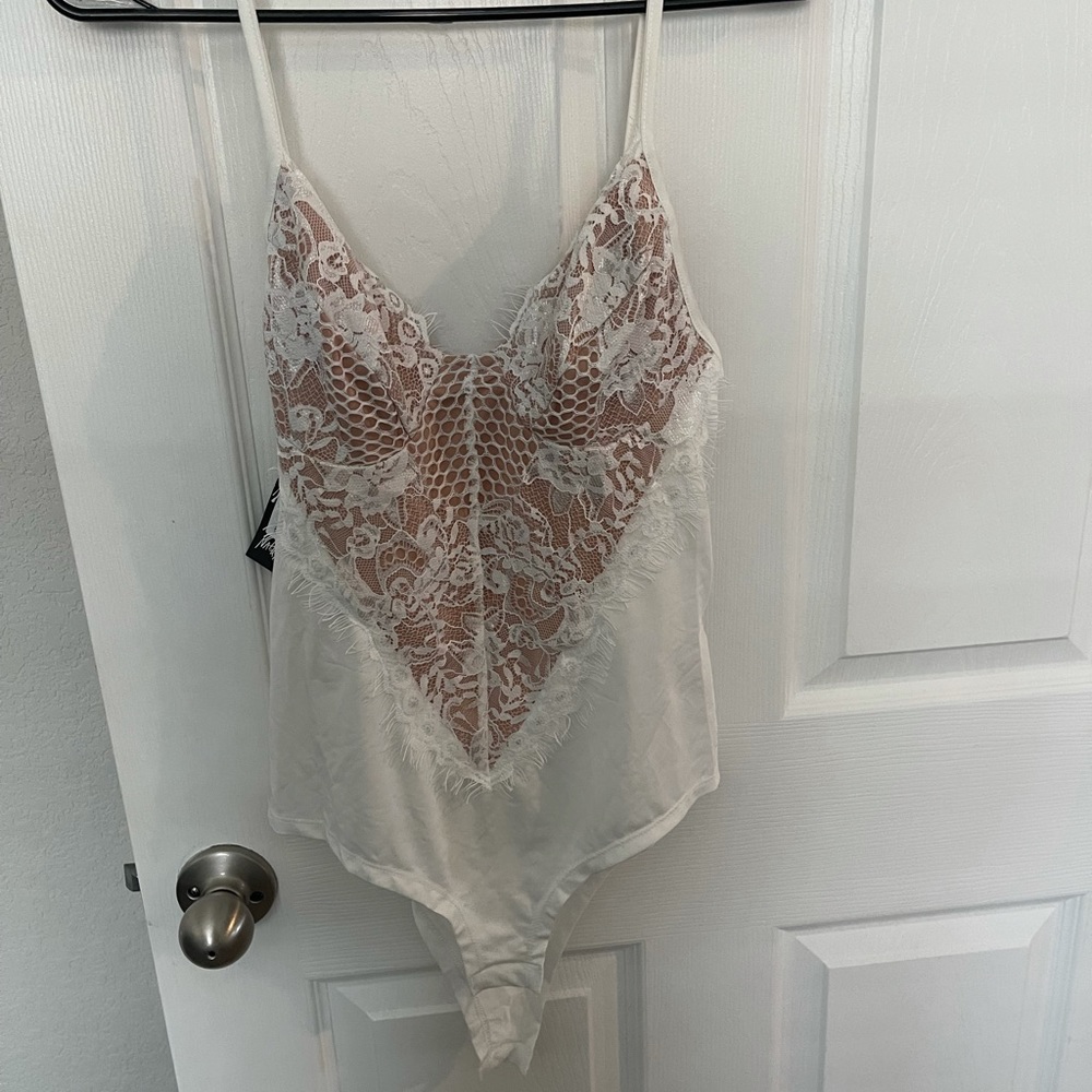 Nasty Gal nude and white lace camisole body suit